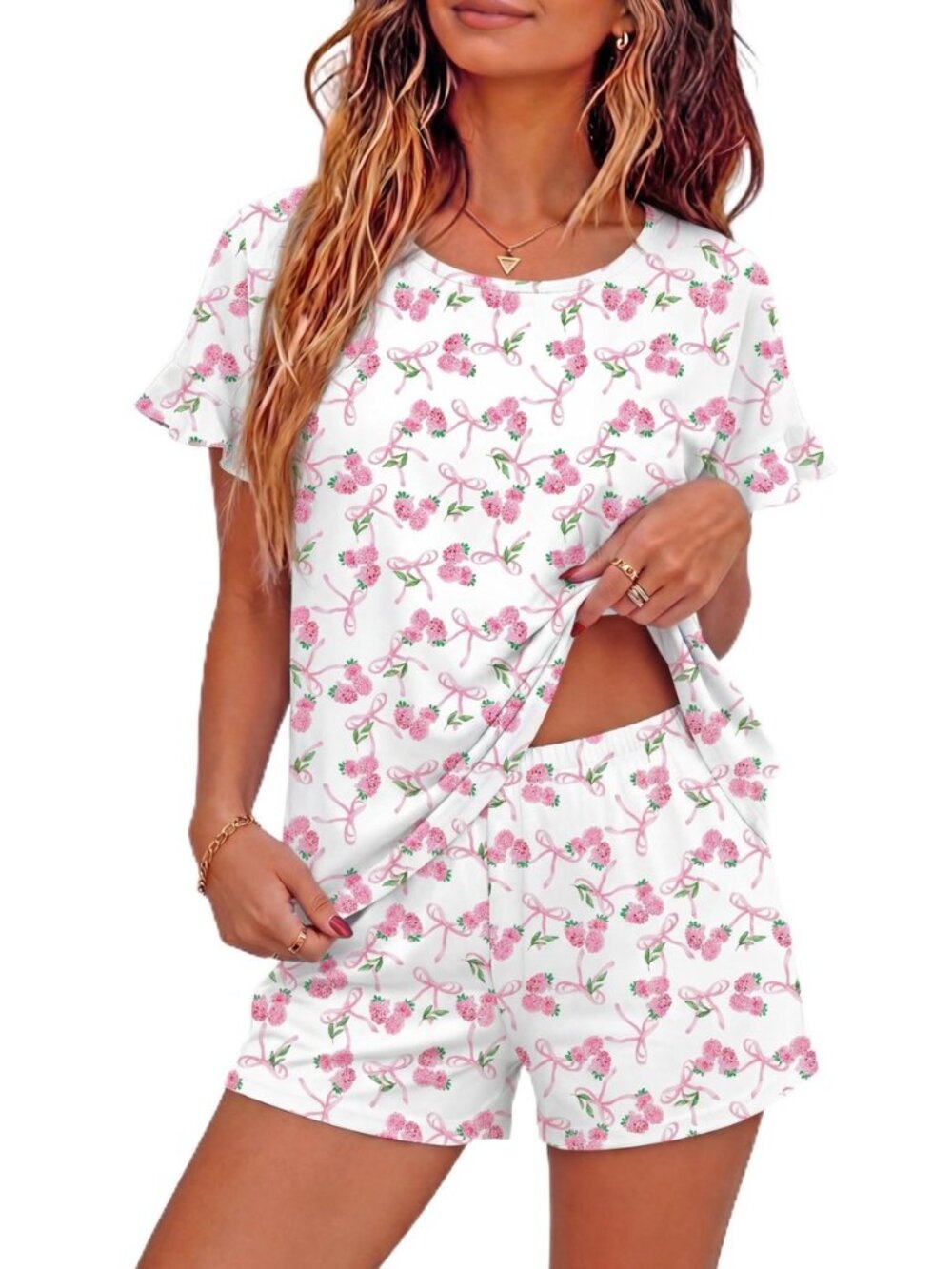 Womens 100% Cotton Pajama Set Ruffle Sleeve Top and Shorts Soft PJs